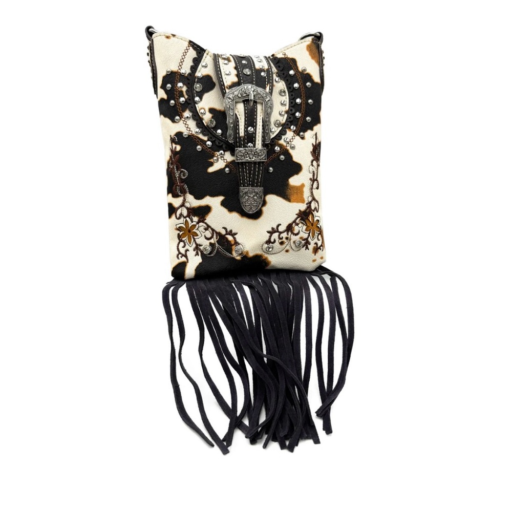 Crown Buckle Cow Print Floral Western Fringe Crossbody Bag